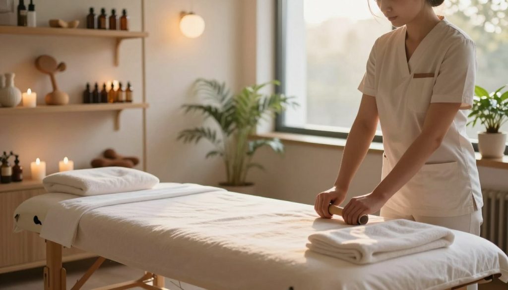 A serene therapy room designed for massage therapy, emphasizing the importance of therapist selection. In the foreground, a neatly arranged massage table is set with soft linens and calming essential oils. In the middle ground, shelves filled with various massage tools and oils display the expertise offered. The background showcases a large window letting in gentle, warm sunlight that creates a tranquil atmosphere, with soft green plants adding a touch of nature. The scene conveys a mood of relaxation and professionalism. The lighting is soft and warm, simulating a cozy, inviting environment. The composition is well-balanced, with a focus on the therapist's tools, embodying the concept of specialized expertise in massage therapy without featuring any human subjects or text.