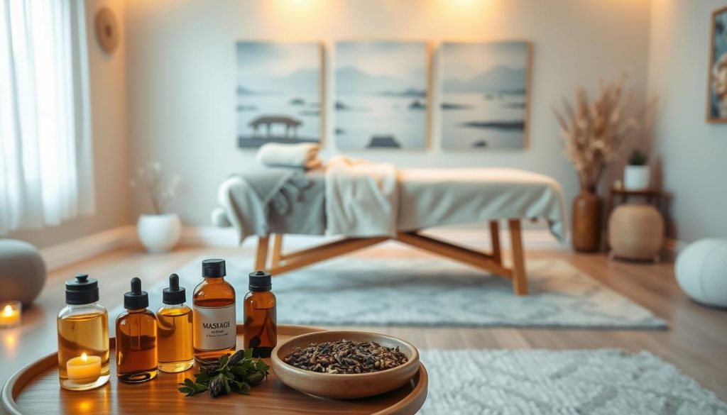 A serene therapy room designed for pain management, featuring a cozy massage table at the center surrounded by soothing decor. In the foreground, a selection of massage oils and natural herbs on a small table, emphasizing a holistic approach. In the middle, soft ambient lighting creates a warm atmosphere, reflecting on the gentle textures of the soft blankets and cushions draped over the massage table. The background showcases a calming wall with tranquil artwork depicting serene landscapes, promoting relaxation. The overall mood is peaceful and rejuvenating, inviting viewers into a space dedicated to alleviating back, neck, and shoulder pain through therapeutic massage. The composition captures both comfort and professionalism, ideal for readers seeking effective pain relief solutions. A serene therapy room designed for pain management, featuring a cozy massage table at the center surrounded by soothing decor. In the foreground, a selection of massage oils and natural herbs on a small table, emphasizing a holistic approach. In the middle, soft ambient lighting creates a warm atmosphere, reflecting on the gentle textures of the soft blankets and cushions draped over the massage table. The background showcases a calming wall with tranquil artwork depicting serene landscapes, promoting relaxation. The overall mood is peaceful and rejuvenating, inviting viewers into a space dedicated to alleviating back, neck, and shoulder pain through therapeutic massage. The composition captures both comfort and professionalism, ideal for readers seeking effective pain relief solutions.