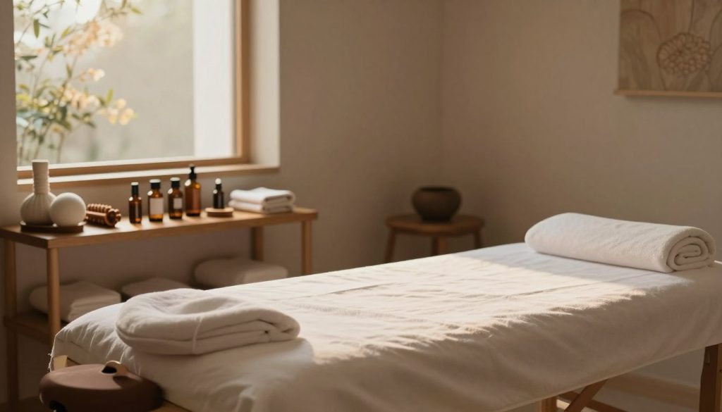 A serene wellness environment showcasing a massage therapy room. In the foreground, a comfortable massage table set with clean linens, soft, ambient lighting casts a warm glow, inviting tranquility. In the middle ground, a variety of massage tools and essential oils arranged systematically on a wooden shelf, emphasizing the importance of detail in addressing muscle tension. The background features soft, muted colors with a calming nature scene visible through a window, perhaps with delicate plants or gentle sunlight filtering through. The atmosphere is peaceful and reflective, evoking a sense of alleviated stress and relaxation, capturing the essence of managing muscle tension effectively. A serene wellness environment showcasing a massage therapy room. In the foreground, a comfortable massage table set with clean linens, soft, ambient lighting casts a warm glow, inviting tranquility. In the middle ground, a variety of massage tools and essential oils arranged systematically on a wooden shelf, emphasizing the importance of detail in addressing muscle tension. The background features soft, muted colors with a calming nature scene visible through a window, perhaps with delicate plants or gentle sunlight filtering through. The atmosphere is peaceful and reflective, evoking a sense of alleviated stress and relaxation, capturing the essence of managing muscle tension effectively.
