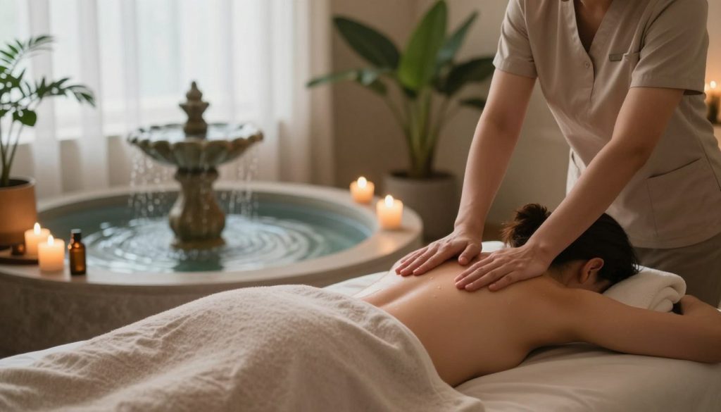 A serene wellness environment showcasing a professional massage treatment setting. In the foreground, a cozy massage table with soft, neutral linens, surrounded by soothing essential oils and candles. The middle ground features a calming water fountain, with gentle ripples creating a relaxing ambiance. In the background, soft green plants and natural light filtering through sheer curtains enhance the atmosphere of tranquility. Warm, inviting lighting casts a soft glow, emphasizing the focus on relaxation and well-being. The overall mood conveys the positive effects of massage on circulation and muscle relaxation, evoking a sense of peace and rejuvenation in this therapeutic space.