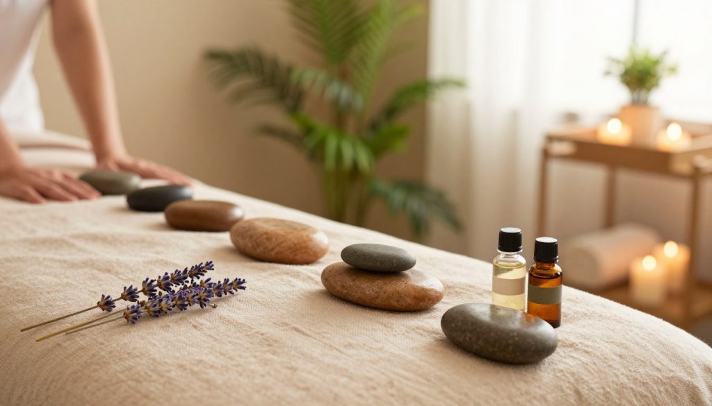 A serene wellness scene illustrating the effects of aromatherapy and hot stone massage. In the foreground, a beautifully arranged massage table adorned with soft, calming fabrics and various essential oil bottles, each labeled with their distinct aromatic properties such as lavender and eucalyptus. The middle ground features smooth, heated stones in warm earth tones, glistening softly in warm light, symbolizing relaxation and relief. Surrounding the table, lush green plants and candles emit a gentle glow, creating a tranquil ambiance. The background showcases a softly lit room with a peaceful color palette, evoking a sense of calm and rejuvenation. Use soft, diffused lighting to enhance the soothing atmosphere, emphasizing tranquility and wellness.