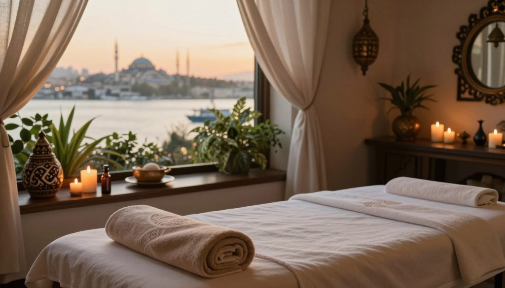 A serene wellness spa setting in Istanbul highlighting boutique massage services. In the foreground, a beautifully arranged massage table with plush towels, aromatic candles, and essential oils, emanating a calming scent. The middle ground features lush greenery, traditional Turkish decor, and gently flowing fabric drapes, enhancing a tranquil atmosphere. The background reveals a window showcasing the iconic Bosphorus skyline, bathed in soft, golden evening light. The scene embodies relaxation, inviting participants to unwind. Capture this tranquil setting with soft, warm lighting and a slightly elevated angle that emphasizes the luxurious and intimate nature of the massage experience. Aim for a soothing color palette with earthy tones for an ideal ambiance.