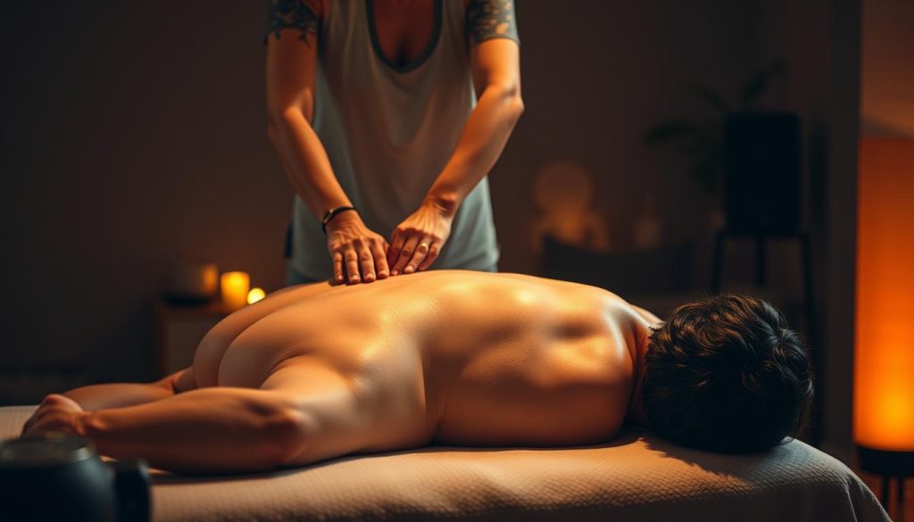 A sports massage therapy session in a serene, dimly lit studio. Skilled massage therapist's hands expertly manipulate tense, sore muscles with deep, targeted pressure. Relaxing essential oils permeate the air, creating a calming ambiance. The athlete's body is gently illuminated by warm, soft lighting, highlighting the definition of their muscular physique. In the background, subtle, soothing music plays, further enhancing the tranquil atmosphere. The massage table is positioned prominently, inviting the viewer to imagine themselves receiving this rejuvenating treatment. The overall scene conveys a sense of restorative care, empowering the athlete's performance and recovery.