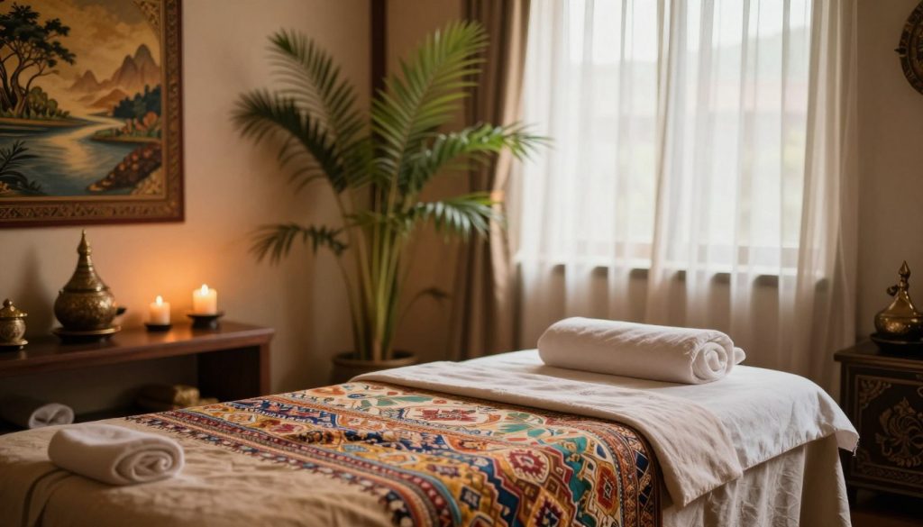 A tranquil Thai massage setting in Istanbul, featuring an elegant massage room. In the foreground, a traditional Thai massage table adorned with a soft, colorful fabric known for its intricate patterns and textures. The middle ground showcases elements such as tranquil bamboo plants, scented candles, and traditional Thai decor, like wall hangings depicting serene landscapes. The background reveals a softly lit window draped with sheer curtains, allowing warm, natural light to filter in, creating a calming atmosphere. The overall mood is serene and inviting, ideal for a massage experience, embodying relaxation and cultural richness. Focus on the harmony of natural colors, with warm tones and textures enhancing the ambiance.