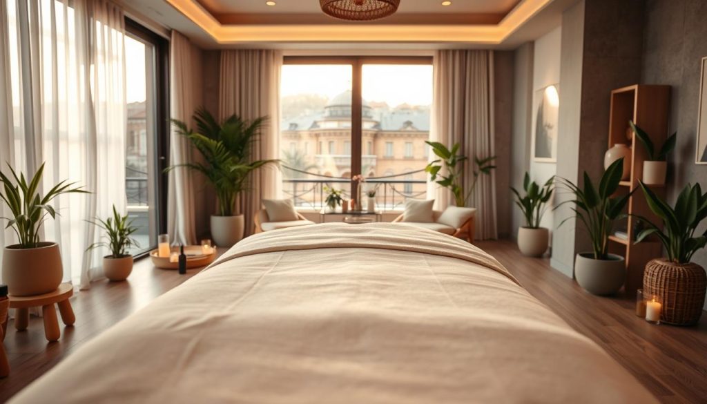 A tranquil and inviting massage therapy room in a modern Istanbul spa. In the foreground, a plush massage table draped with soft, fresh linens, surrounded by essential oils and aromatic candles. The middle ground features a comfortable seating area with natural wooden furniture and a serene atmosphere, complemented by potted green plants. In the background, large windows reveal a view of traditional Istanbul architecture bathed in soft, warm sunlight, creating a peaceful, harmonious ambiance. The scene is illuminated with gentle, diffused lighting that enhances the calming colors and textures, evoking a sense of relaxation and wellness. The overall mood is soothing, inviting readers to explore the benefits of various massage therapies.