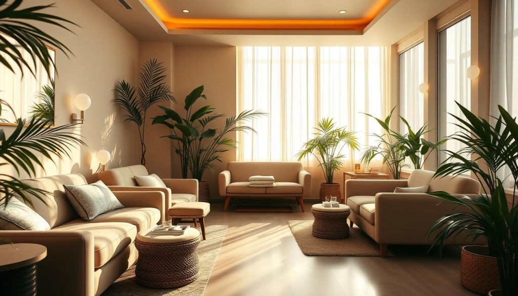 A tranquil interior of an elegant boutique massage parlor in Istanbul, showcasing plush sofas, soft lighting, and serene decor. The room is bathed in warm, gentle hues, creating an atmosphere of relaxation and rejuvenation. Sunlight filters through large windows, casting a soothing glow over the space. Lush greenery and natural elements, such as bamboo accents, further enhance the calming ambiance. The scene exudes a sense of luxury and exclusivity, reflecting the high-end nature of the establishment. The camera angle captures the inviting and sophisticated essence of this premier massage destination in the heart of Istanbul.