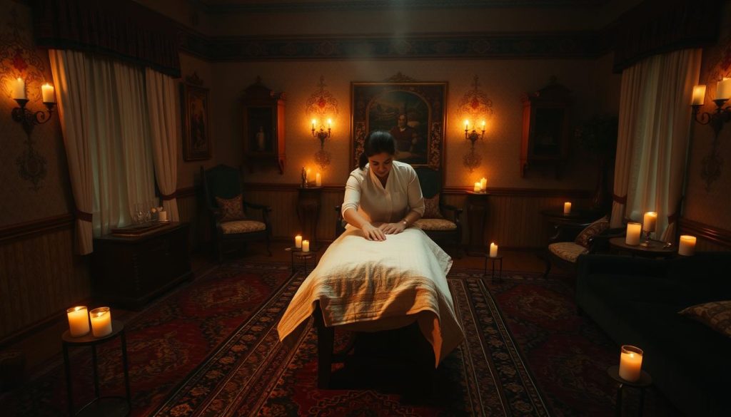 A tranquil scene in the heart of İstanbul, where the ancient art of massage takes center stage. The dimly lit room exudes a soothing ambiance, with the warm glow of candles casting a soft light across the intricately patterned rugs and ornate furnishings. The air is infused with the gentle scent of aromatic oils, creating a sensory experience that transports the viewer to a realm of relaxation and rejuvenation. In the center, a traditional masseuse skillfully manipulates the muscles, her hands moving with a rhythmic grace that reflects the centuries-old mastery of this healing craft. The overall composition conveys the timeless elegance and cultural significance of İstanbul's rich massage heritage. A tranquil scene in the heart of İstanbul, where the ancient art of massage takes center stage. The dimly lit room exudes a soothing ambiance, with the warm glow of candles casting a soft light across the intricately patterned rugs and ornate furnishings. The air is infused with the gentle scent of aromatic oils, creating a sensory experience that transports the viewer to a realm of relaxation and rejuvenation. In the center, a traditional masseuse skillfully manipulates the muscles, her hands moving with a rhythmic grace that reflects the centuries-old mastery of this healing craft. The overall composition conveys the timeless elegance and cultural significance of İstanbul's rich massage heritage.