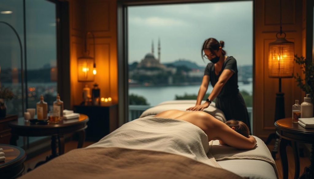 A tranquil scene of the ancient art of massage, set in the vibrant city of Istanbul. A dimly lit room, with soft lighting casting a warm glow. Elegant, wooden massage tables adorned with plush linens, and an array of fragrant oils and lotions. In the foreground, the skilled hands of a masseuse gently kneading and manipulating the muscles of a relaxed client, their face obscured. In the background, a serene landscape with distant minarets and domes, hinting at the rich cultural heritage of the city. The atmosphere is one of calm and rejuvenation, capturing the essence of this revered practice. A tranquil scene of the ancient art of massage, set in the vibrant city of Istanbul. A dimly lit room, with soft lighting casting a warm glow. Elegant, wooden massage tables adorned with plush linens, and an array of fragrant oils and lotions. In the foreground, the skilled hands of a masseuse gently kneading and manipulating the muscles of a relaxed client, their face obscured. In the background, a serene landscape with distant minarets and domes, hinting at the rich cultural heritage of the city. The atmosphere is one of calm and rejuvenation, capturing the essence of this revered practice.