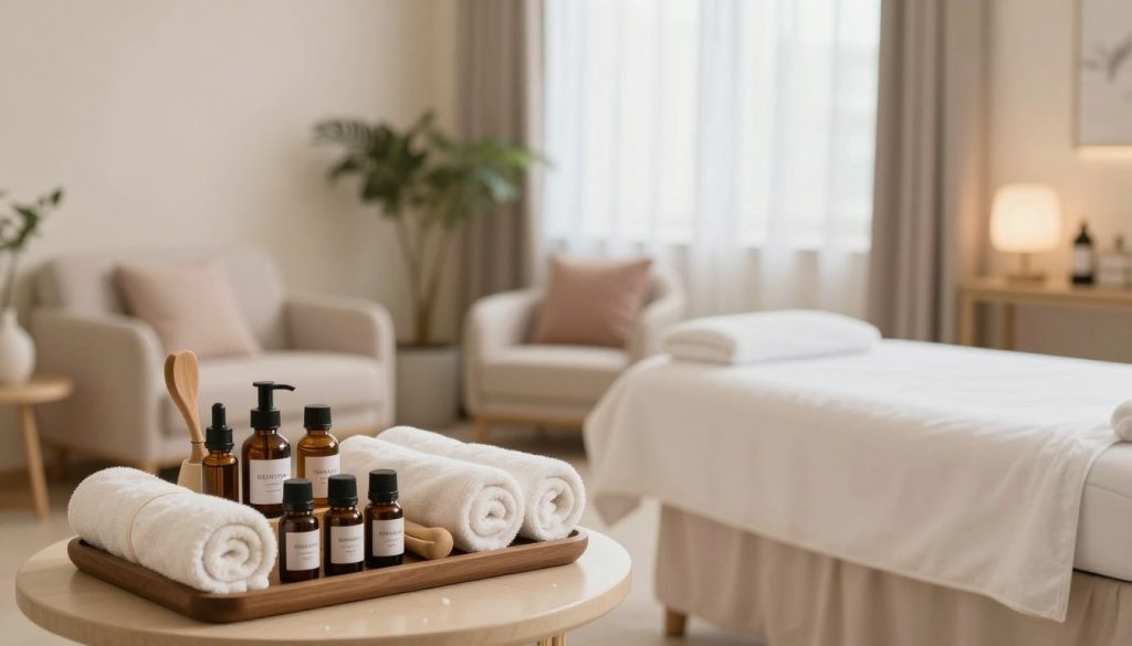 A tranquil spa environment emphasizing the criteria for selecting a massage therapist. In the foreground, a neatly arranged display of professional tools: essential oils, towels, and a massage bed with crisp linens. The middle ground features a serene waiting area with comfortable seating, soft lighting, and potted plants for a calming effect. The background captures a window with sheer curtains allowing natural light to filter in, creating a warm atmosphere. The color palette is soft and inviting, with soothing pastels. The overall mood is relaxing and professional, conveying an atmosphere of trust and care essential for therapy selection.