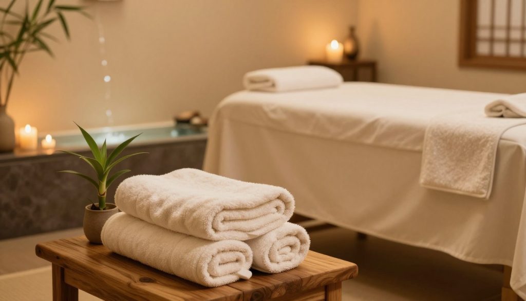 A tranquil spa setting designed for relaxation and rejuvenation. In the foreground, a set of soft, fluffy towels neatly arranged on a wooden bench, accompanied by a small bamboo plant for a touch of nature. The middle ground showcases a massage table draped in smooth, cream-colored linens, with aromatic candles flickering gently beside it. The background features serene ambient lighting that casts a warm, welcoming glow across the room, highlighting a soothing water feature along the wall, complete with soft trickling sounds. The atmosphere is calm and peaceful, evoking a sense of serenity and wellness, with textures like bamboo, stone, and plush fabrics creating a harmonious environment ideal for pre-massage preparation.