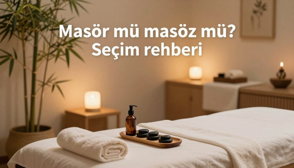 A visually engaging image illustrating the theme of "Masör mü masöz mü? Seçim rehberi." In the foreground, display an elegant massage table and professional tools like oils, stones, and towels arranged neatly, creating a serene atmosphere. In the middle, include an inviting, softly lit spa environment with calming decor such as bamboo plants, warm-toned lighting, and soothing colors, promoting relaxation and therapy. In the background, portray a peaceful wellness room with soft textiles and minimalist design, adding to the ambiance without being distracting. The scene should evoke a sense of calm, professionalism, and guidance without the presence of any human figures. The lighting should be soft and warm, suggesting tranquility, with a shallow depth of field that focuses on the massage setting.