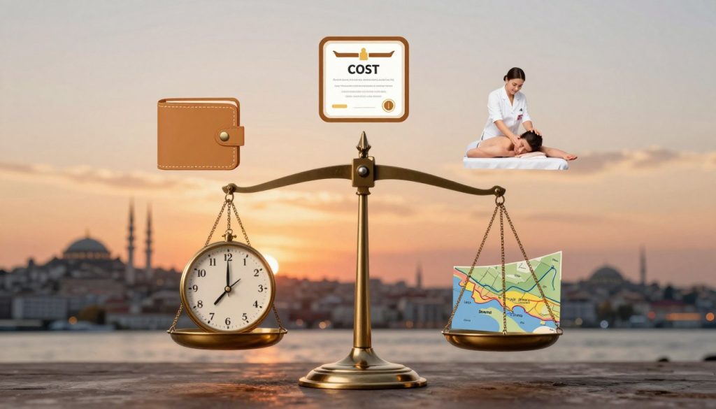 A visually engaging representation of the factors influencing massage pricing in Istanbul. In the foreground, showcase an elegant scale with various elements symbolizing pricing factors, like a clock for time, a map of Istanbul for location specificity, and a graph for demand trends. In the middle ground, include stylized icons like a wallet to symbolize cost, a certificate for quality, and a person receiving a professional massage in a serene environment to represent service quality. The background should feature a soft, atmospheric view of Istanbul’s skyline at sunset, creating a warm, inviting mood. Utilize soft, diffused lighting to highlight the elements distinctly, creating depth and intrigue while ensuring the overall image is polished and professional. A visually engaging representation of the factors influencing massage pricing in Istanbul. In the foreground, showcase an elegant scale with various elements symbolizing pricing factors, like a clock for time, a map of Istanbul for location specificity, and a graph for demand trends. In the middle ground, include stylized icons like a wallet to symbolize cost, a certificate for quality, and a person receiving a professional massage in a serene environment to represent service quality. The background should feature a soft, atmospheric view of Istanbul’s skyline at sunset, creating a warm, inviting mood. Utilize soft, diffused lighting to highlight the elements distinctly, creating depth and intrigue while ensuring the overall image is polished and professional.