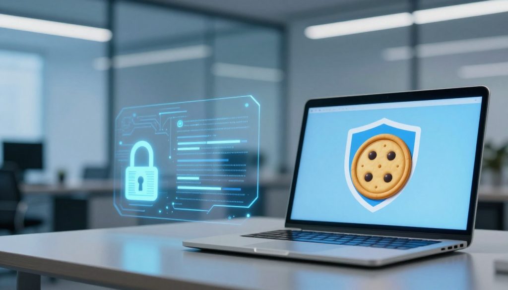 A visually engaging scene illustrating digital security and cookie policies. In the foreground, a sleek laptop displays a shield icon and a cookie symbol, representing data protection. The middle layer includes abstract representations of encrypted data streams and holographic security locks, emanating a sense of safety. In the background, a modern office setting with soft blue lighting creates a calm and professional atmosphere. Subtle circuit patterns are faintly visible on a glass wall, enhancing the tech-savvy vibe. The composition should showcase a balance between innovation and security, with clear, sharp details and a clean layout. Aim for a slightly angled perspective to add depth, emphasizing the importance of digital safety in contemporary experiences.