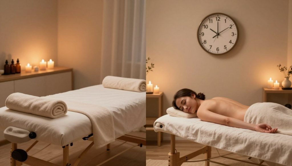 A visually striking and informative comparison illustration showing two separate massage therapy scenarios: on the left side, a serene spa environment featuring a comfortable massage table adorned with soft towels, candles flickering softly, and soothing essential oils displayed. On the right side, an inviting massage room that showcases a similar setup but with a robust clock indicating the duration of the massage session (30 minutes versus 60 minutes). Soft, warm lighting bathes both spaces, casting a calm and relaxing atmosphere. The focus is on the physical elements of relaxation and rejuvenation, highlighting the contrast between short and extended massage experiences, without any human presence. The image should evoke tranquility and clarity.