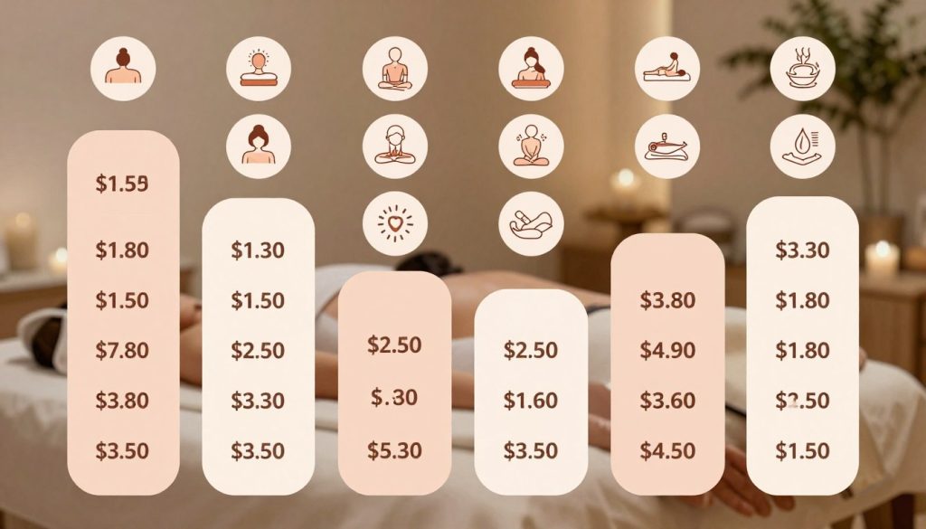A visually striking infographic comparing massage pricing and session durations in Istanbul. In the foreground, elegant, rounded columns displaying various massage package prices and their corresponding durations, utilizing a soothing color palette of pastels. The middle ground features icons symbolizing different types of massages (e.g., Swedish, Thai, aromatherapy) organized in a grid format. The background should be a subtle, abstract representation of a spa environment, with soft lighting, creating a tranquil atmosphere. The overall mood is informative yet calming, designed to appeal to readers seeking relaxation options. Use a clean, modern design with a balanced composition, ensuring clarity and easy readability without any text or human presence.