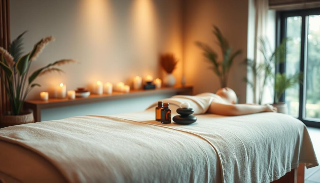 An elegant spa environment showcasing the effects of massage on the human body, with a soothing atmosphere. In the foreground, a beautifully arranged massage table adorned with soft linens and calming essential oils. The middle ground features serene elements like candles and smooth stones, instilling a sense of relaxation. The background depicts a tranquil room with gentle lighting, soft textures, and organic elements such as plants, creating an inviting ambiance. Highlight the interplay of light and shadows to emphasize the tranquility, using a warm color palette. The overall mood should exude wellness, balance, and harmony, invoking the healing power of massage in a professional and serene spa setting. An elegant spa environment showcasing the effects of massage on the human body, with a soothing atmosphere. In the foreground, a beautifully arranged massage table adorned with soft linens and calming essential oils. The middle ground features serene elements like candles and smooth stones, instilling a sense of relaxation. The background depicts a tranquil room with gentle lighting, soft textures, and organic elements such as plants, creating an inviting ambiance. Highlight the interplay of light and shadows to emphasize the tranquility, using a warm color palette. The overall mood should exude wellness, balance, and harmony, invoking the healing power of massage in a professional and serene spa setting.