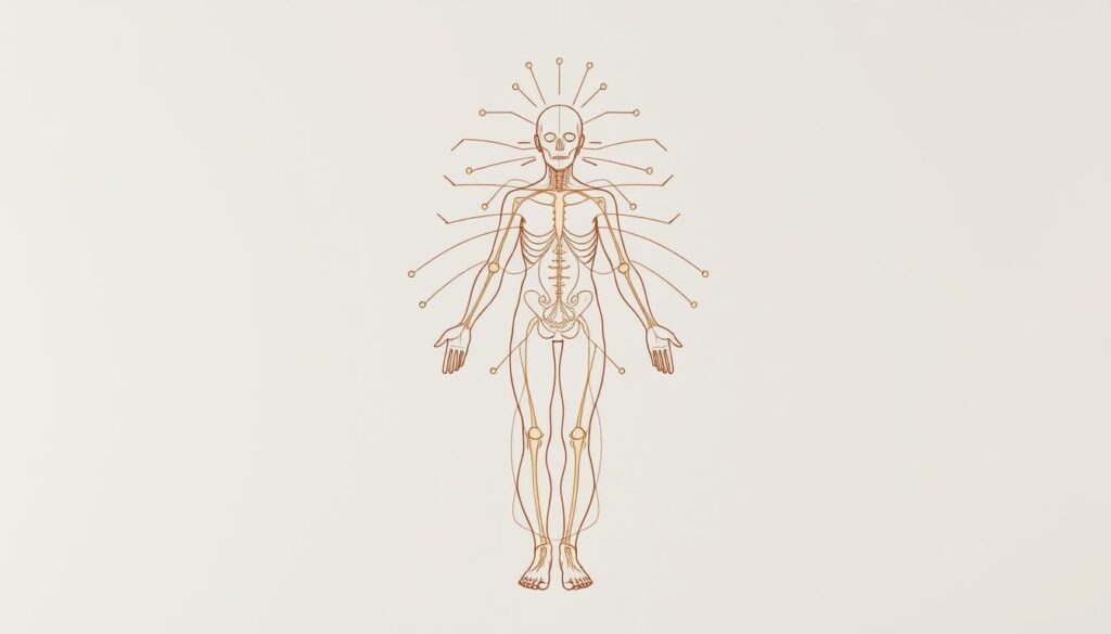 An intricate acupuncture diagram depicting the delicate network of meridians and pressure points across the human body. The image should convey a sense of balance and harmony, with fine lines tracing the interconnected energy pathways. Soft, muted colors create a serene, meditative atmosphere, evoking the ancient Eastern philosophy underlying acupuncture practice. The diagram should be meticulously rendered, with precise anatomical details and a clean, minimalist aesthetic. The background should be a neutral, uncluttered space, allowing the acupuncture diagram to take center stage and clearly communicate the systems and principles of this holistic healing modality. An intricate acupuncture diagram depicting the delicate network of meridians and pressure points across the human body. The image should convey a sense of balance and harmony, with fine lines tracing the interconnected energy pathways. Soft, muted colors create a serene, meditative atmosphere, evoking the ancient Eastern philosophy underlying acupuncture practice. The diagram should be meticulously rendered, with precise anatomical details and a clean, minimalist aesthetic. The background should be a neutral, uncluttered space, allowing the acupuncture diagram to take center stage and clearly communicate the systems and principles of this holistic healing modality.
