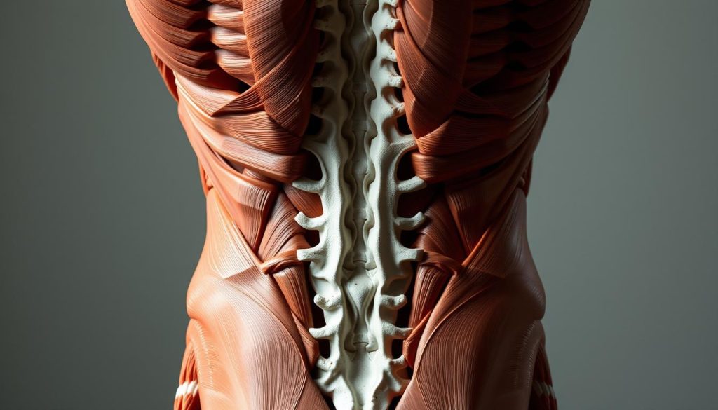 An intricate study of the lower back region, showcasing the interplay of the Quadratus Lumborum, Erector Spinae, and Latissimus muscles. The image captures the complex anatomy in a detailed, yet visually striking manner. Illuminated by soft, diffused lighting, the muscles are rendered with a naturalistic, three-dimensional quality, allowing the viewer to appreciate the intricate structures that support the spine and facilitate movement. The composition emphasizes the sculptural beauty of the lower back, inviting a deeper understanding of this essential area of the body. The overall tone is one of clinical precision, blended with an artistic sensibility that celebrates the form and function of the human form. An intricate study of the lower back region, showcasing the interplay of the Quadratus Lumborum, Erector Spinae, and Latissimus muscles. The image captures the complex anatomy in a detailed, yet visually striking manner. Illuminated by soft, diffused lighting, the muscles are rendered with a naturalistic, three-dimensional quality, allowing the viewer to appreciate the intricate structures that support the spine and facilitate movement. The composition emphasizes the sculptural beauty of the lower back, inviting a deeper understanding of this essential area of the body. The overall tone is one of clinical precision, blended with an artistic sensibility that celebrates the form and function of the human form.