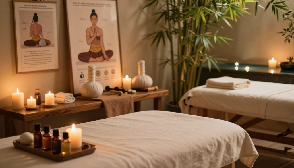 An inviting and serene spa setting featuring a wooden massage table surrounded by soft, natural fabrics and warm ambient lighting. In the foreground, an array of essential oils and aromatic candles arranged neatly, conveying the elements of aromatherapy. In the middle ground, symbols of different massage techniques including a poster or illustration of Thai massage stretches, sports massage tools, and deep tissue therapy equipment displayed artistically. The background showcases a peaceful environment with bamboo plants and calming water elements, enhancing tranquility. The overall atmosphere should evoke relaxation and wellness, using warm, soft light to create a soothing mood, perfect for a massage therapy context. No human figures are present in the image.