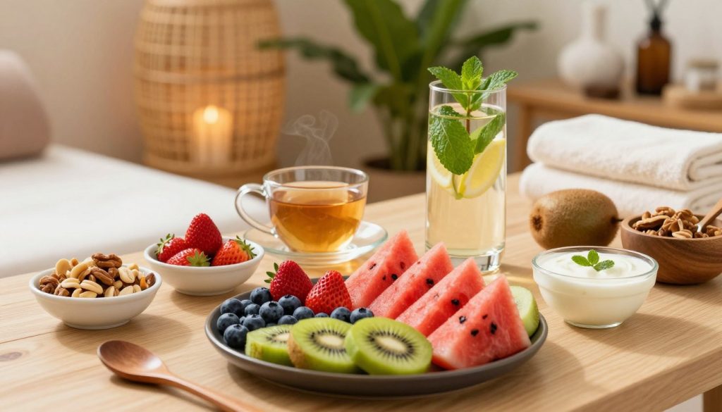 An inviting and serene table set for a post-massage healthy meal, featuring a variety of colorful fruits, fresh vegetables, and light snacks. In the foreground, display a vibrant fruit platter arranged with strawberries, blueberries, kiwi, and watermelon, alongside small bowls of nuts and yogurt. The middle section should showcase refreshing herbal teas and an elegant glass of infused water with mint and lemon. In the background, soft, natural lighting creates a warm atmosphere, illuminating a calming spa-like environment with bamboo and calming green plants. Incorporate subtle textures such as soft fabrics and wooden accents to enhance the sense of relaxation and nourishment. The overall mood should evoke tranquility and wellness, ideal for encouraging mindful eating after a massage.